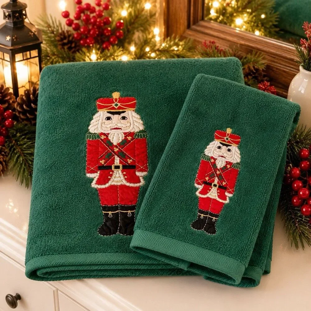 Vintage Christmas Nutcracker Bath & Hand Towel Set Embroidered Made in USA